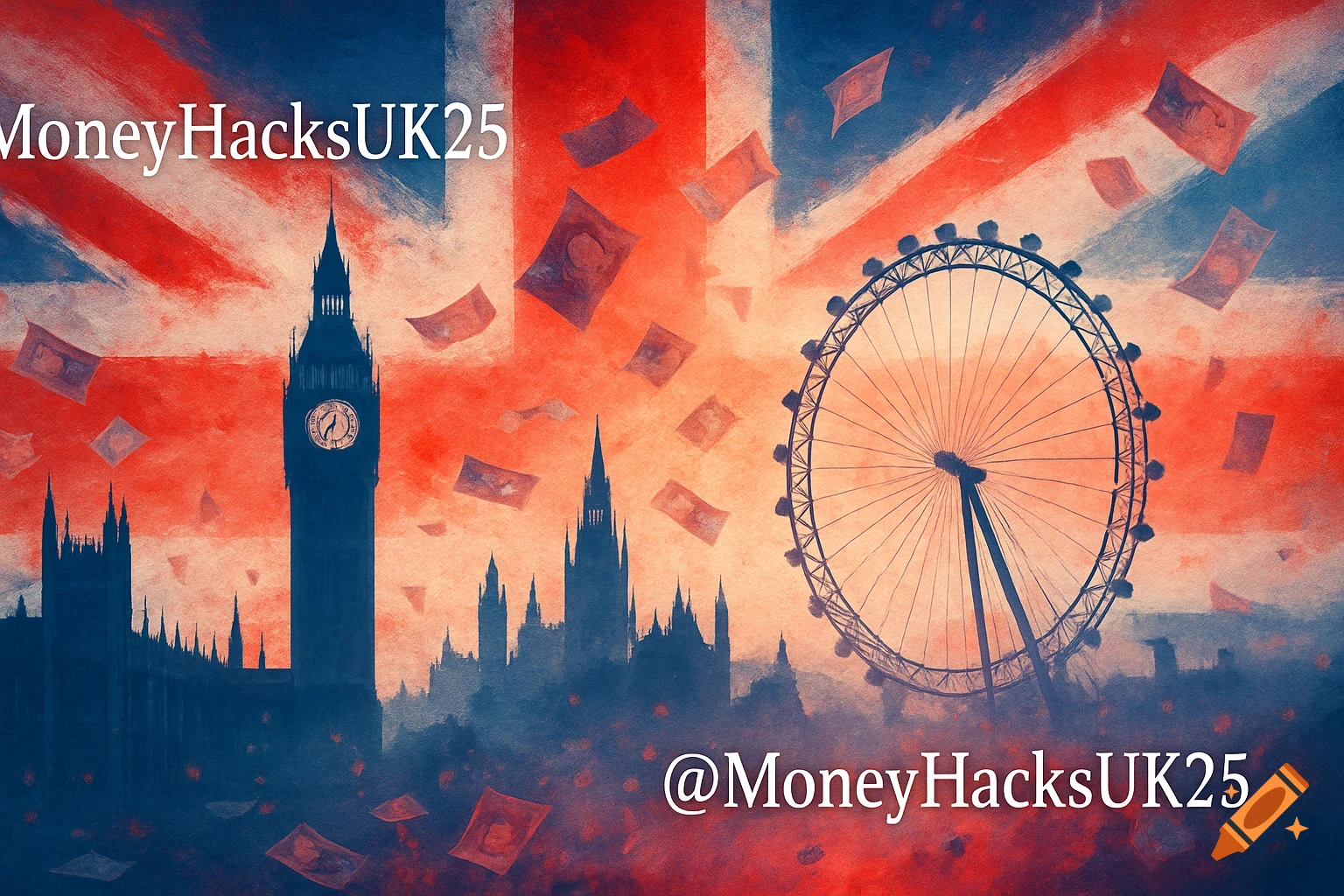 Stylized illustration of the London skyline featuring Big Ben and the London Eye against a UK flag background with falling currency notes.