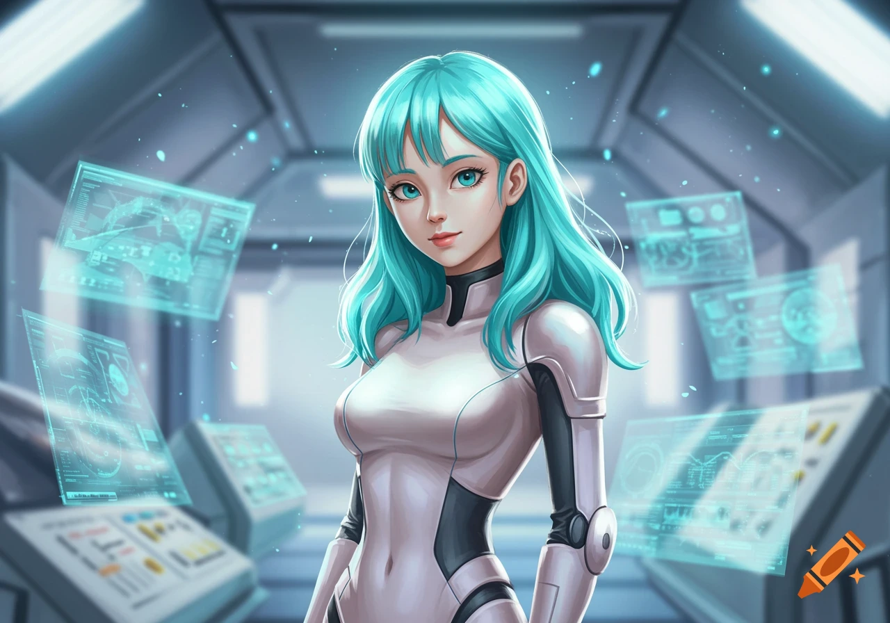 Anime girl with teal hair in a white futuristic suit stands in a sci-fi control room with holographic screens.