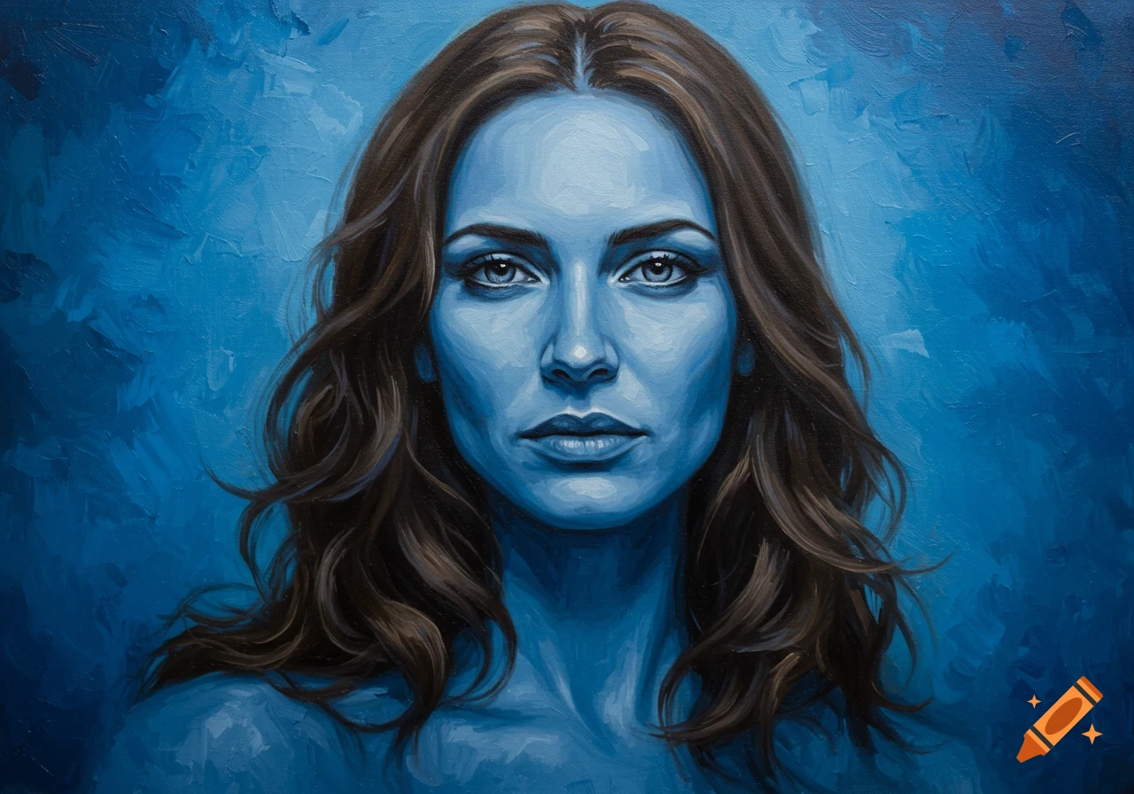 Oil painting portrait of a woman with blue skin, brown hair, and intense gray eyes, against an abstract blue background.