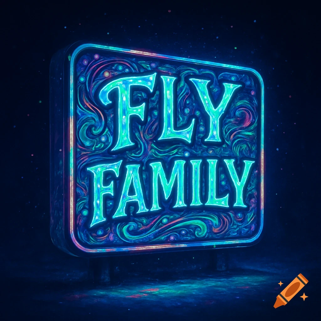 A vibrant, glowing neon sign with 'FLY FAMILY' in blue-green letters, set against a dark, starry, marbled background.