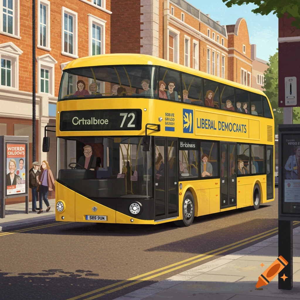 A yellow double-decker bus with "LIBERAL DEMOCAATS" and "72" on its side drives down a city street with people inside. Buildings line the street under a clear sky, in an illustrative style.