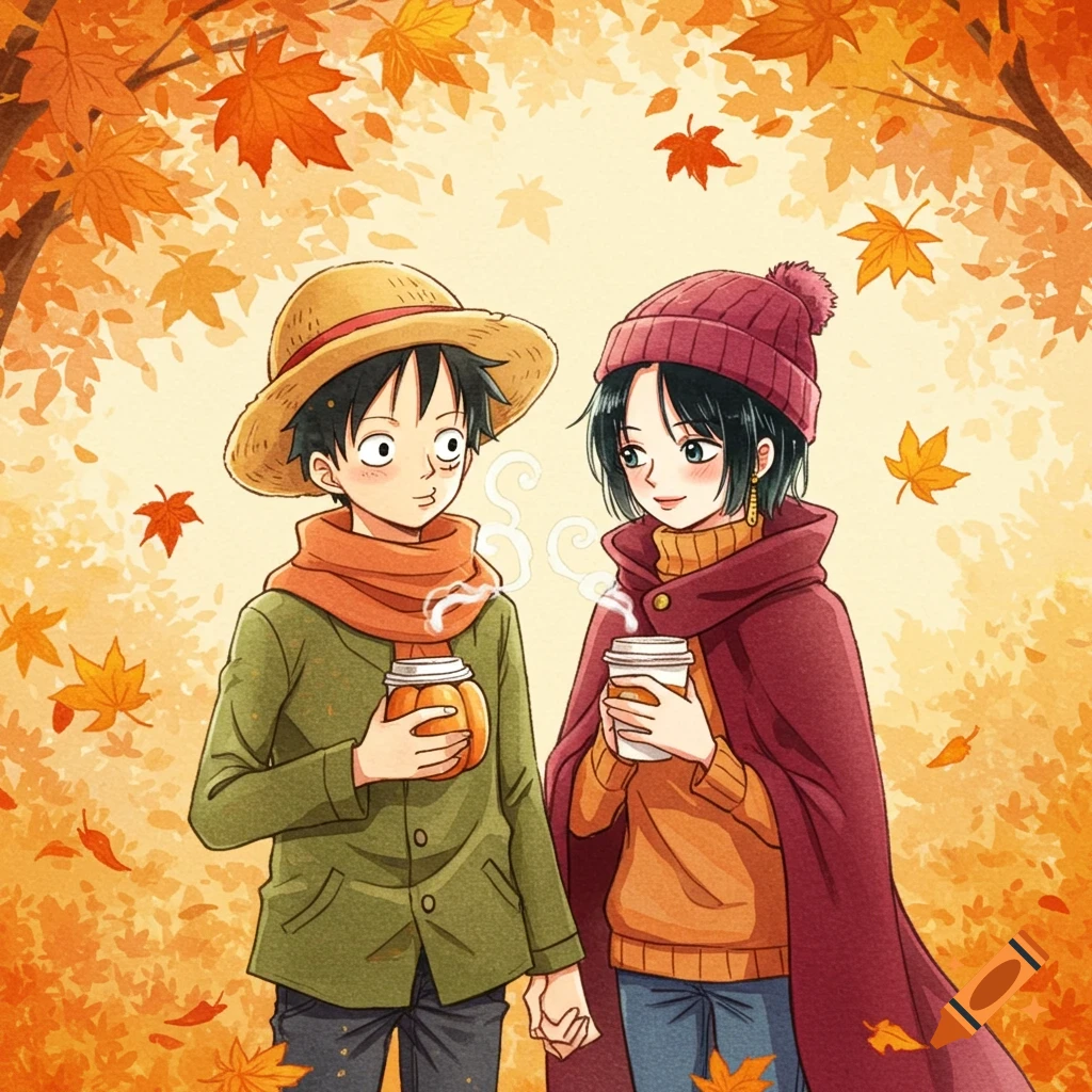 Watercolor of anime characters Luffy and Hancock holding hands and drinking in an autumn forest with falling leaves.
