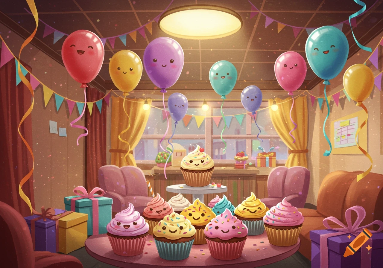 A cute, cartoon-style illustration of a festive room filled with colorful balloons, streamers, wrapped gifts, and smiling cupcakes on a table.