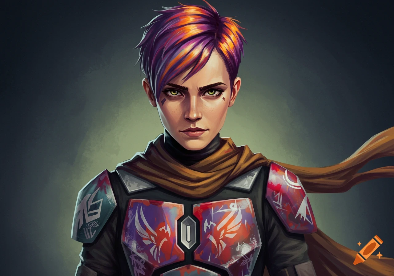 A stylized portrait of a female character with short purple and orange hair, green eyes, wearing colorful Mandalorian armor and a brown scarf, against a dark background.
