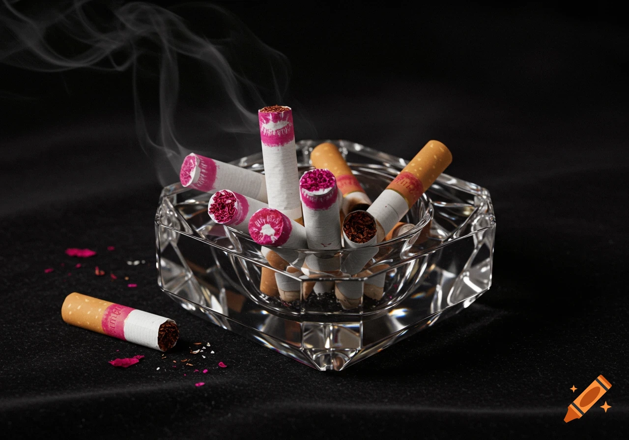 Still life photo of several used cigarettes, some with pink lipstick marks, in a clear crystal ashtray, with smoke rising on a black background.