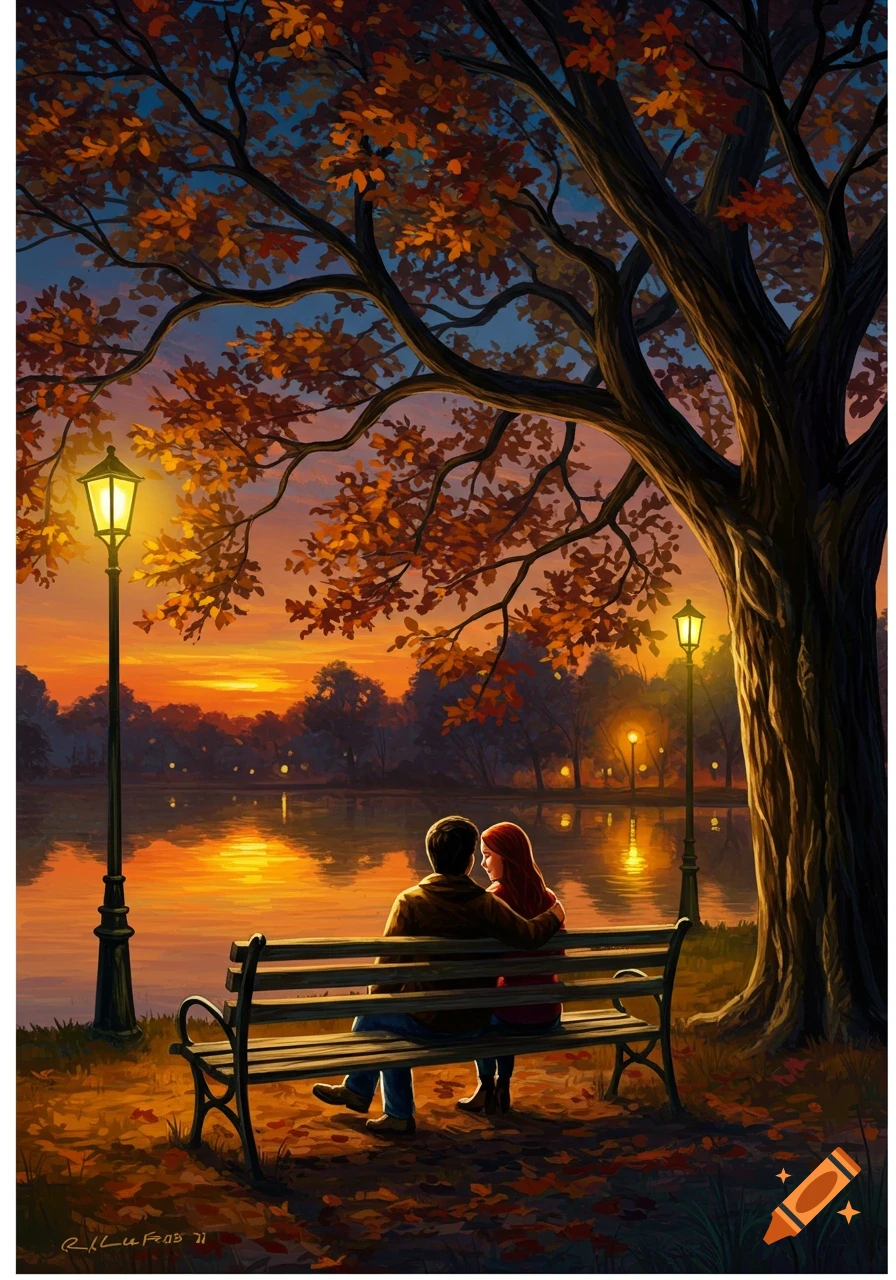 A couple sits on a park bench by a lake under a large tree with autumn leaves, watching a vibrant sunset. Painting style.