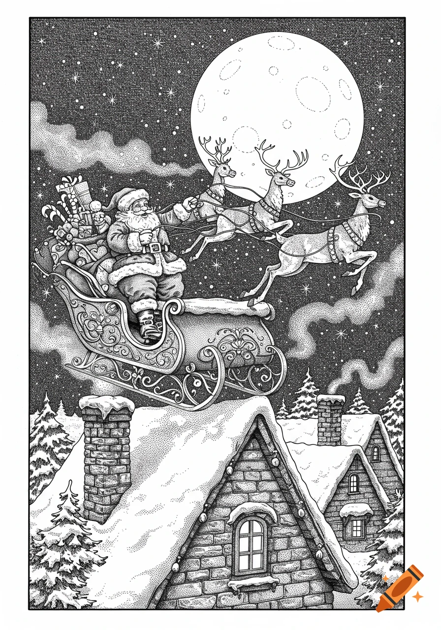 Black and white stipple art of Santa Claus in his sleigh pulled by three reindeer flying past a full moon over a snowy village.