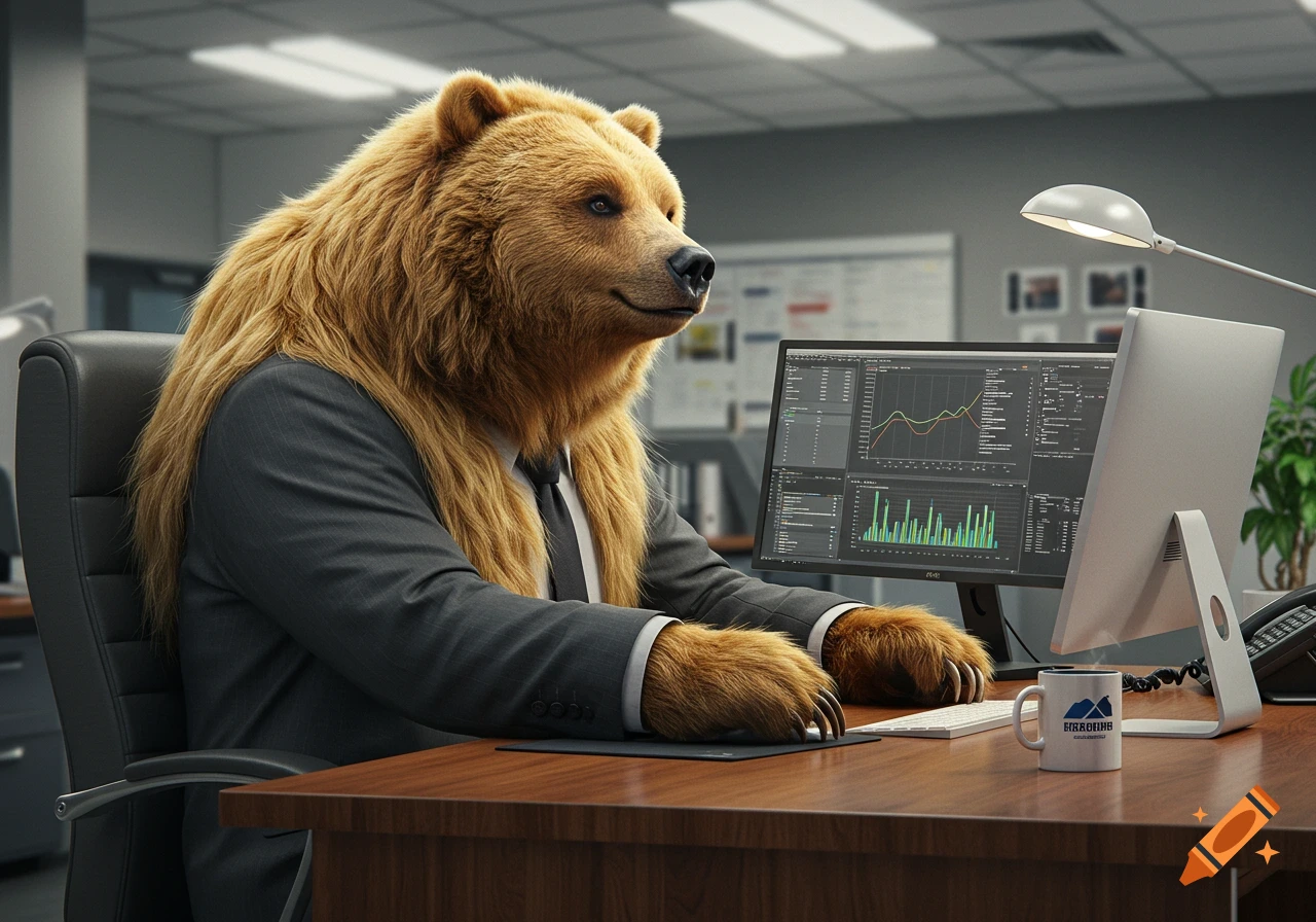 A photorealistic anthropomorphic grizzly bear in a suit works at an office desk with a computer displaying graphs.