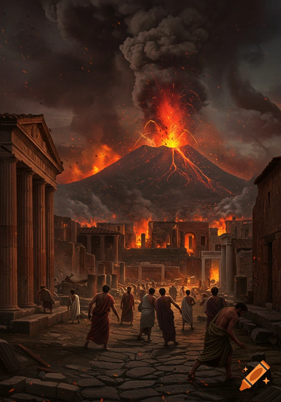 Photorealistic dramatic scene of an ancient city, like Pompeii, engulfed by a massive volcanic eruption as people flee amidst collapsing buildings.