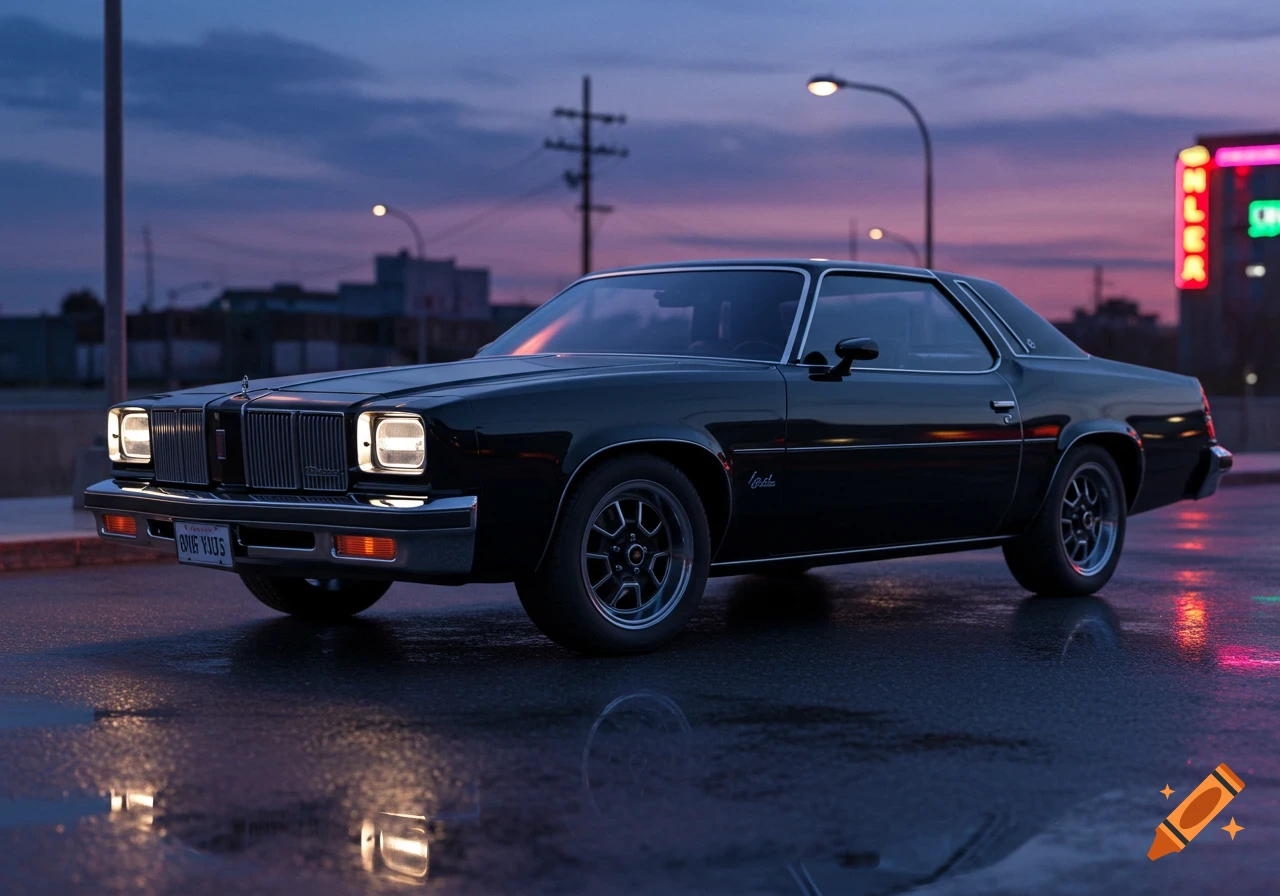 A black vintage Oldsmobile Cutlass Supreme parked on a wet street at dusk with city lights reflecting.