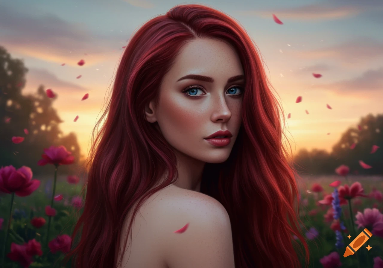 A beautiful woman with long dark red hair and blue eyes in a field of pink flowers at sunset, with petals falling. Digital art style.