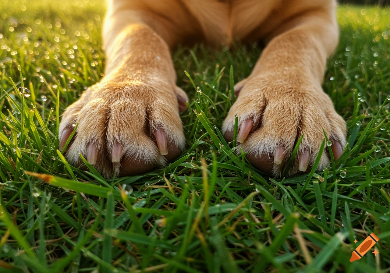 Close-up of two light brown dog paws resting on dew-covered green grass, with blurred golden light in the background. Photorealistic.