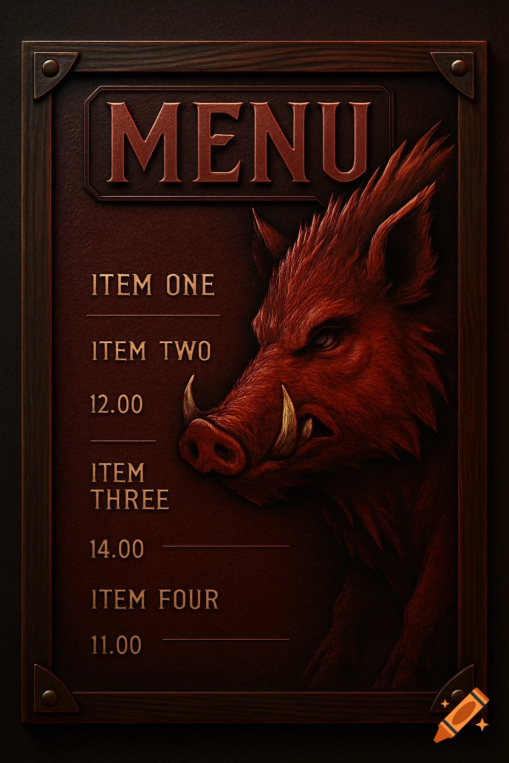 Dark red menu board featuring a stylized, menacing red razorback on the right, with menu items and prices.