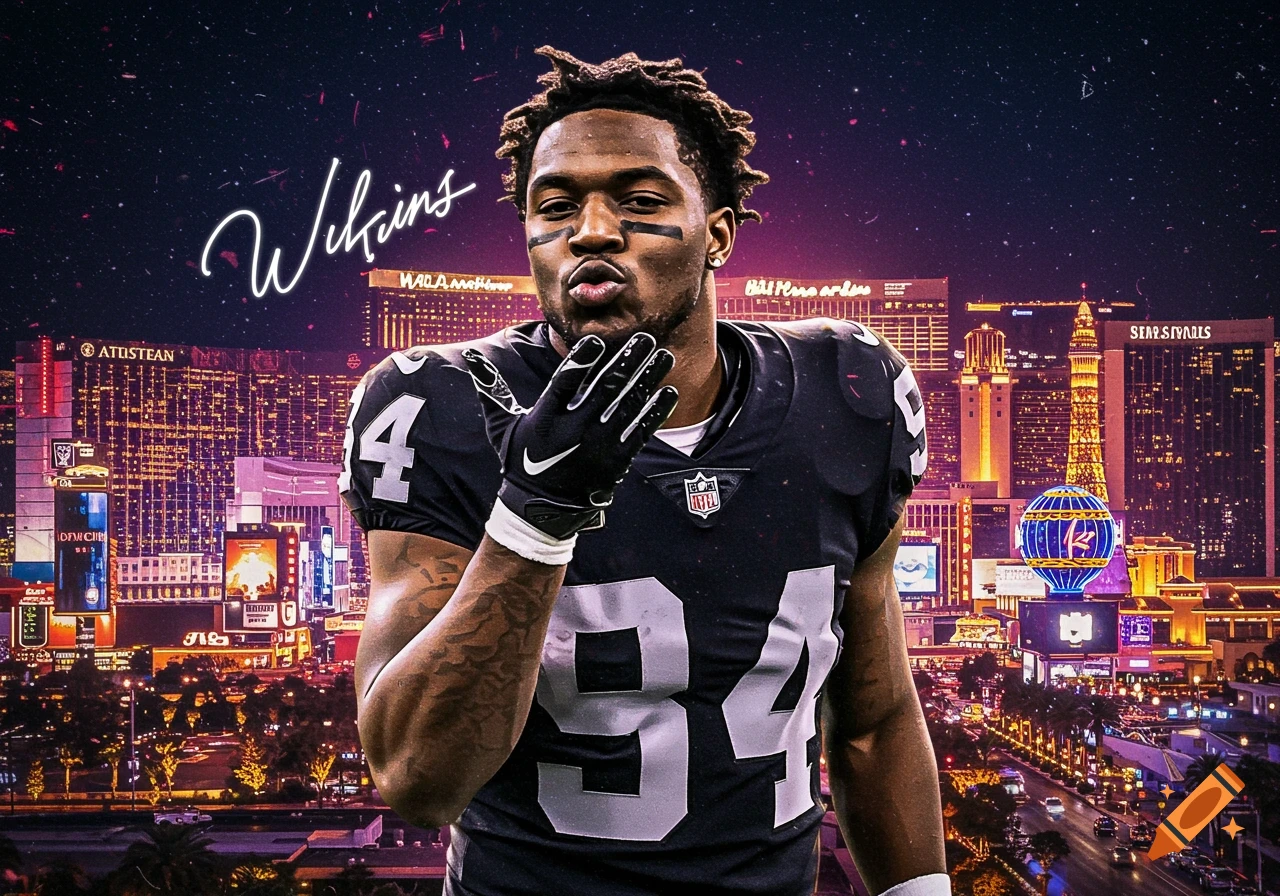 Las Vegas Raiders player Christian Wilkins, #94, blows a kiss in uniform against a vibrant neon city skyline at night.