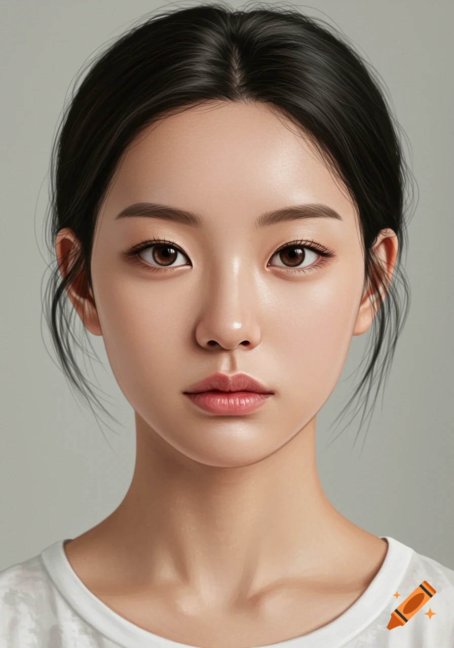Photorealistic headshot of a young Korean woman with dark hair and brown eyes, looking at the camera against a grey background.
