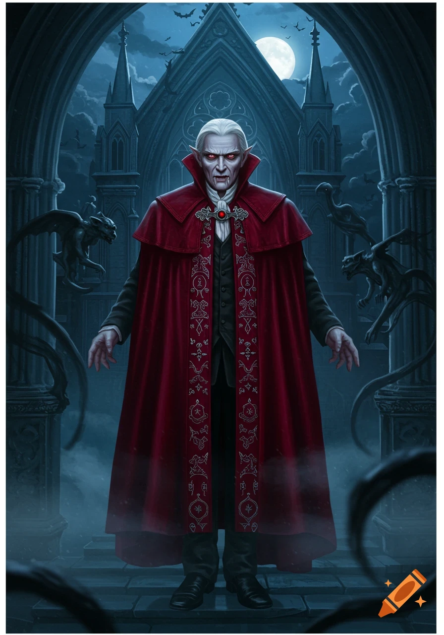 A pale, white-haired vampire in a red cape stands before a gothic cathedral under a full moon, with bats and gargoyles.