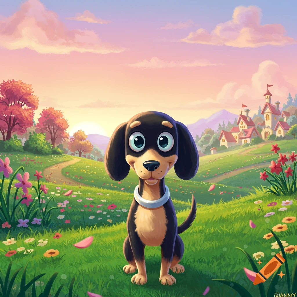 A happy cartoon dachshund dog sits in a vibrant, flowery green field with a whimsical village under a pastel sky.