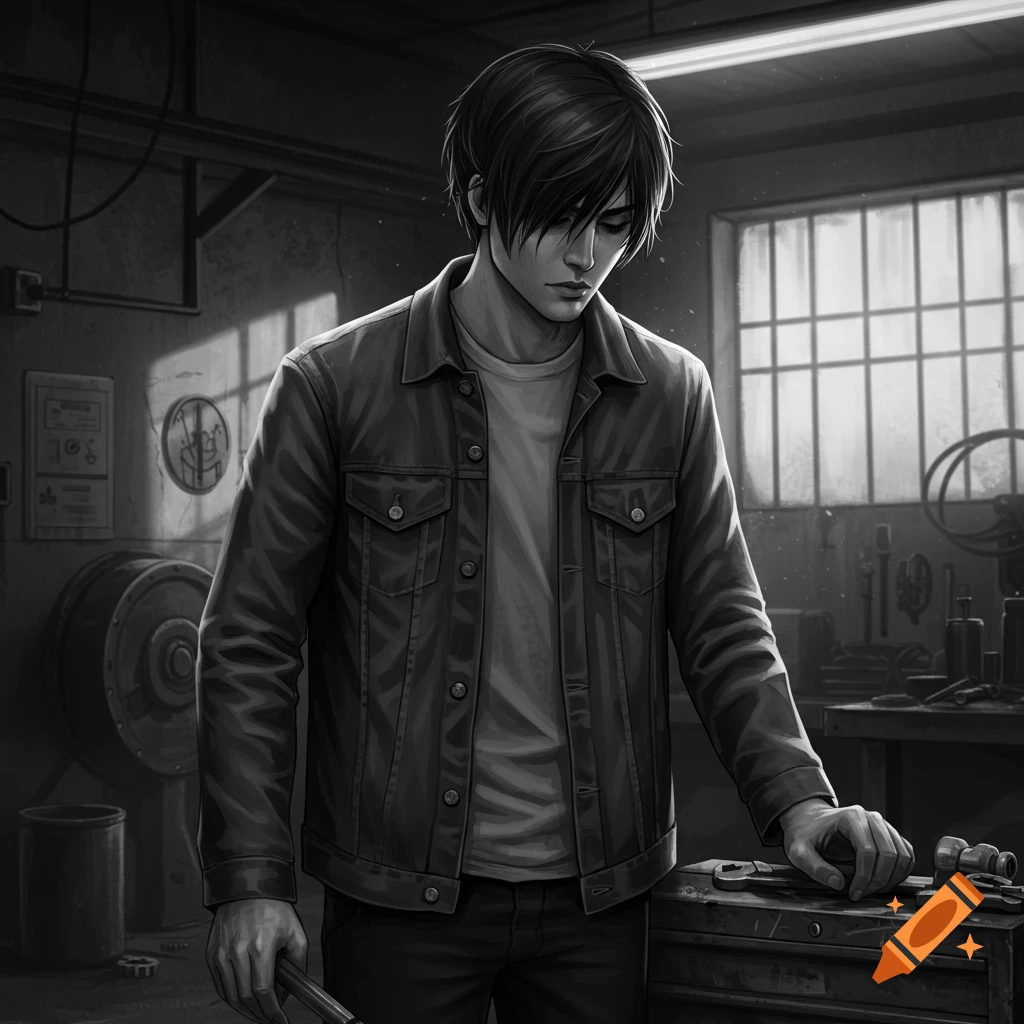 Grayscale graphic novel art of a young, emo-looking man in a workshop, wearing a denim jacket, looking down, holding a tool.