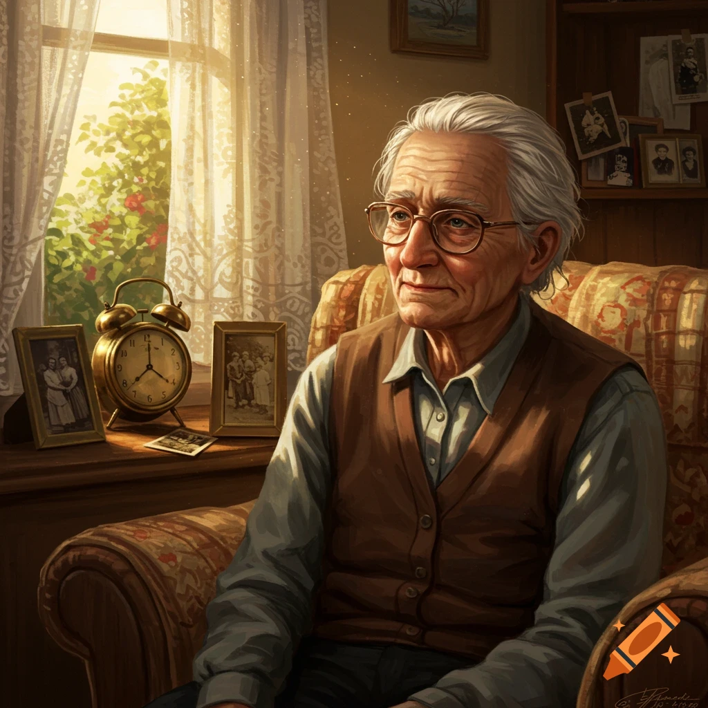 A white-haired elderly person with glasses sits in an armchair by a sunlit window, with an antique alarm clock and framed photos nearby. Realistic art style.