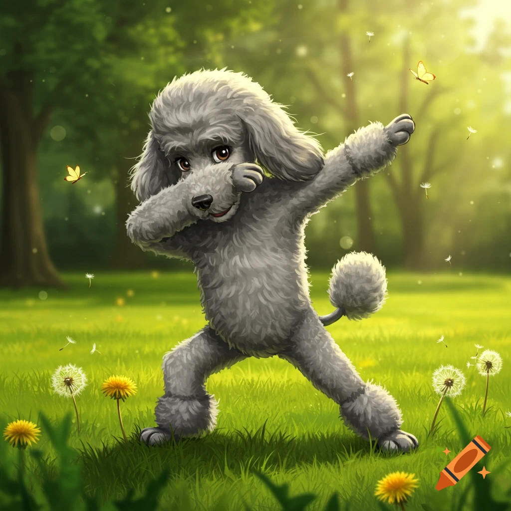 A cute cartoon silver poodle dabs in a sunny green field with dandelions and butterflies.