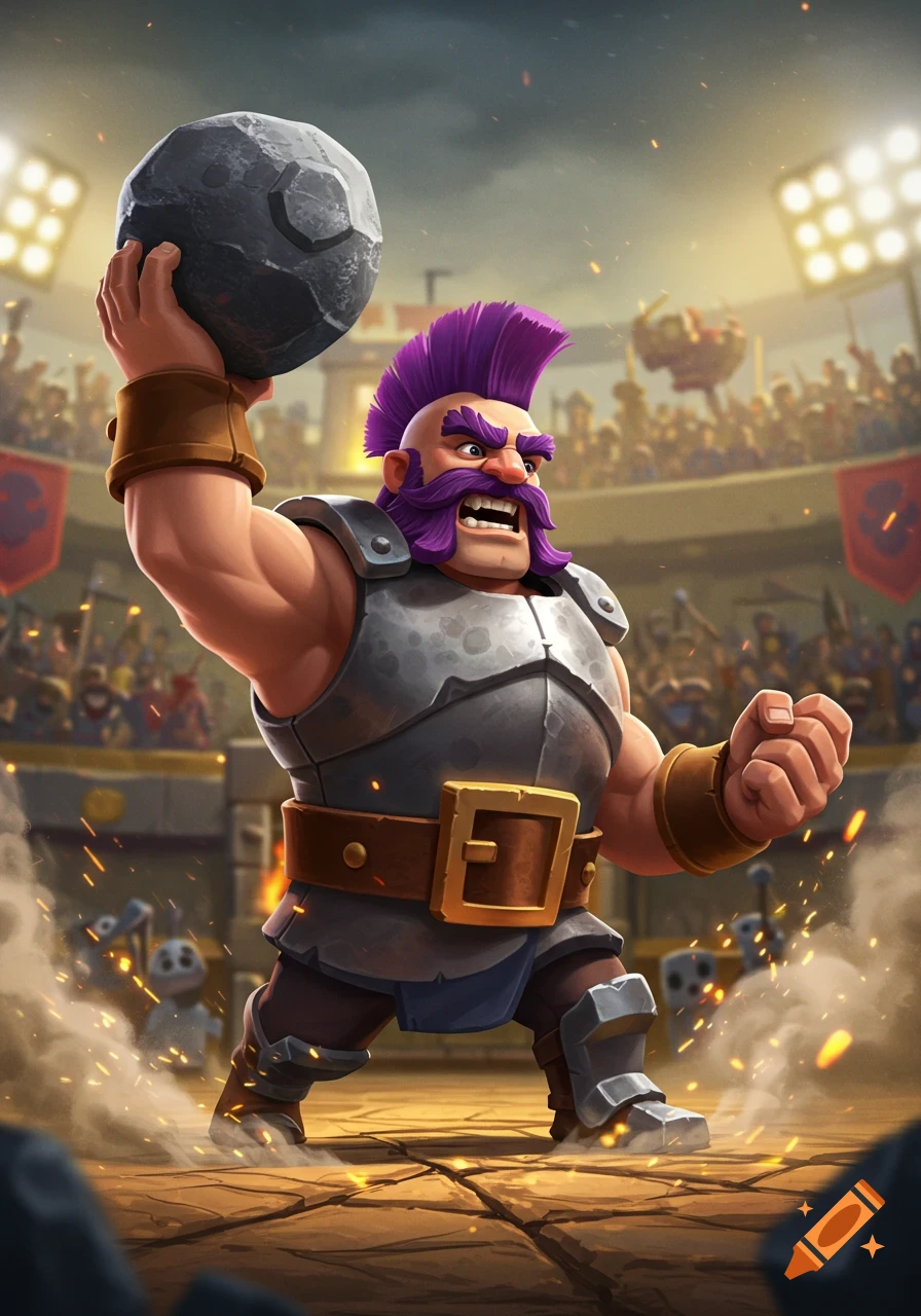 A burly, purple-mustached man in armor holds a large stone above his head in a cartoonish fantasy arena with dust and sparks.