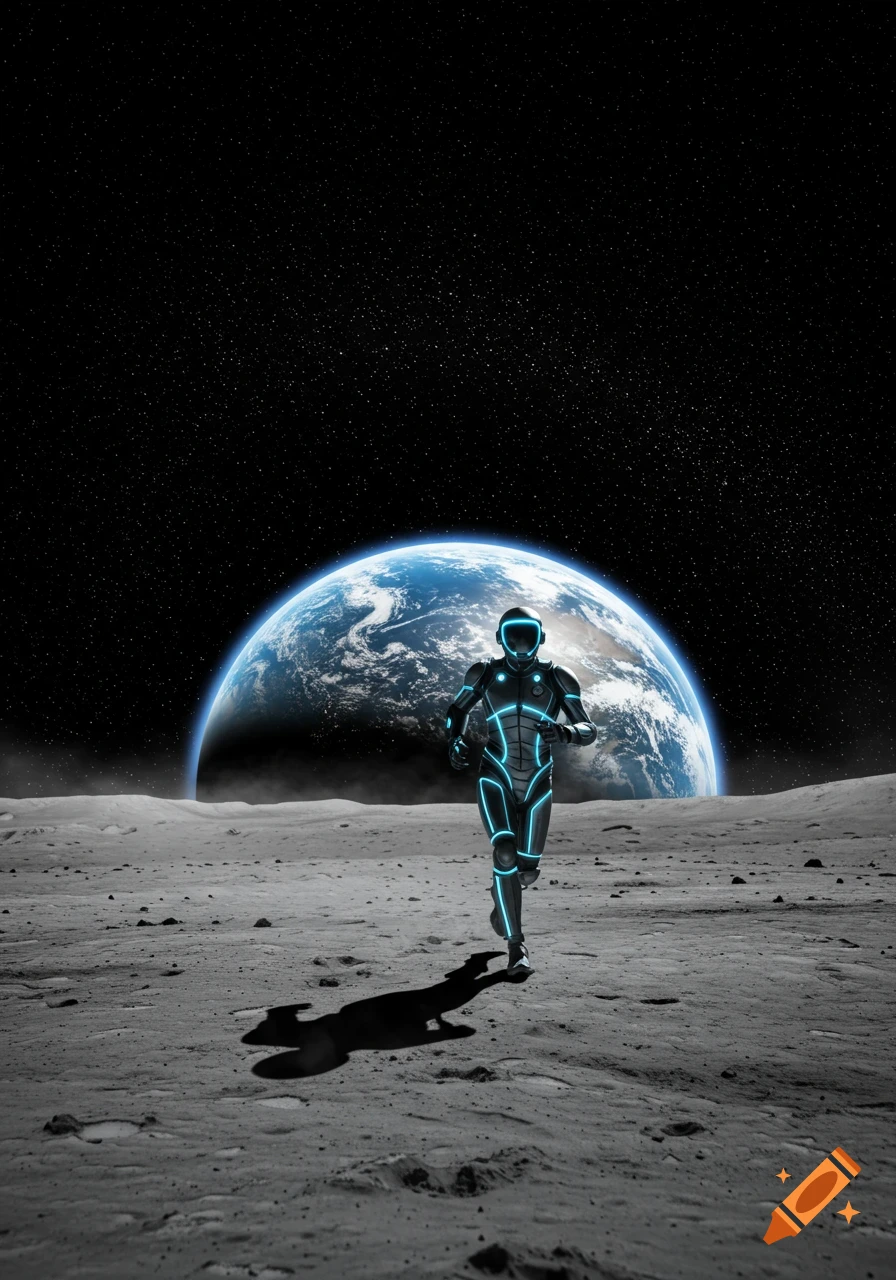 A person in a futuristic suit runs on the moon's surface, with Earth prominently visible in the dark, star-filled sky.