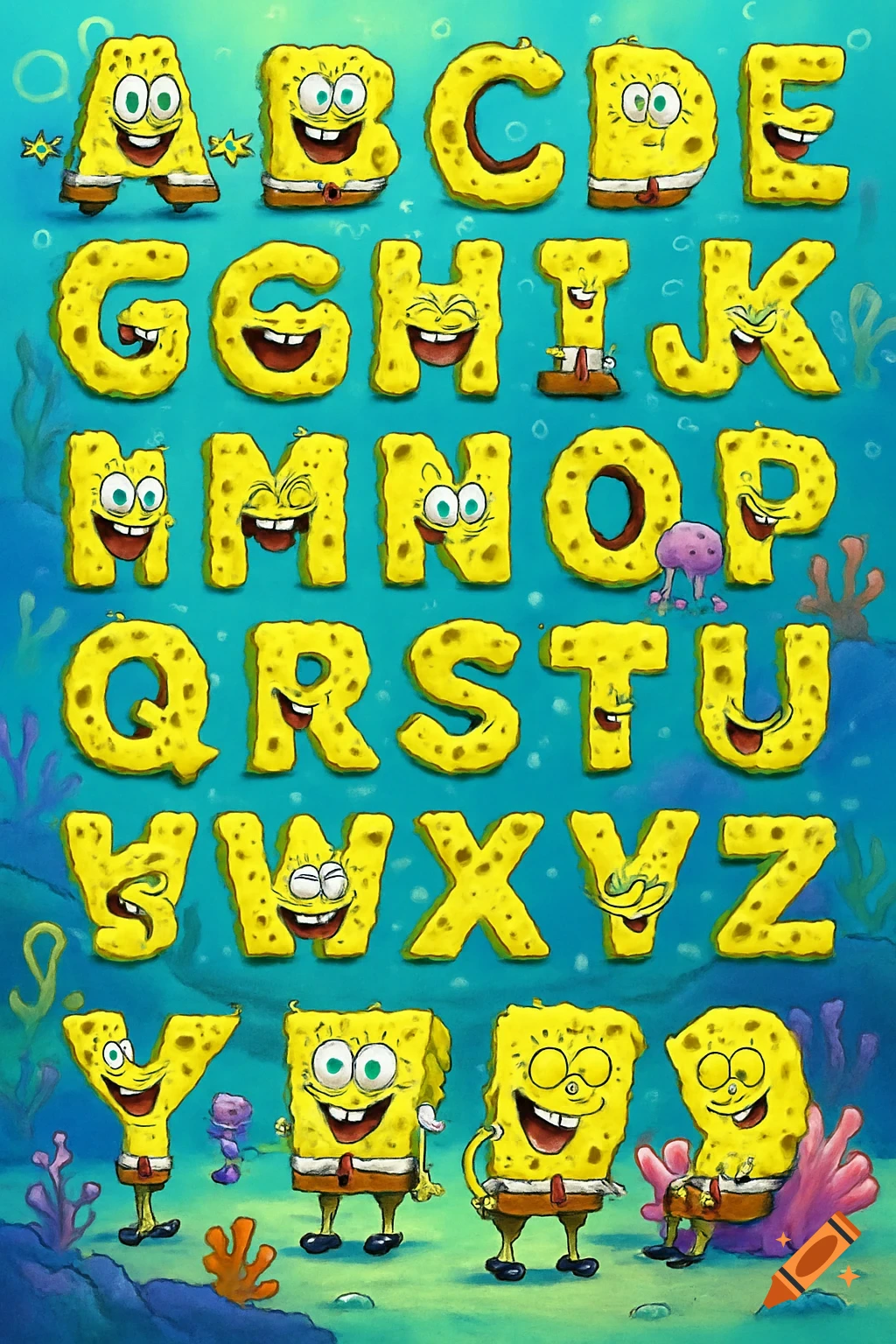 The English alphabet, A to Z, with each letter personified as a smiling Spongebob Squarepants character against an underwater background.