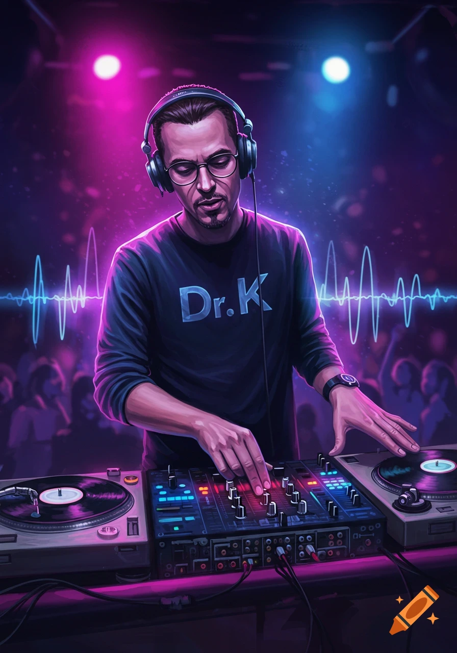 A male DJ wearing headphones and glasses, mixing music on turntables in a neon-lit club with a crowd in the background, digital art style.