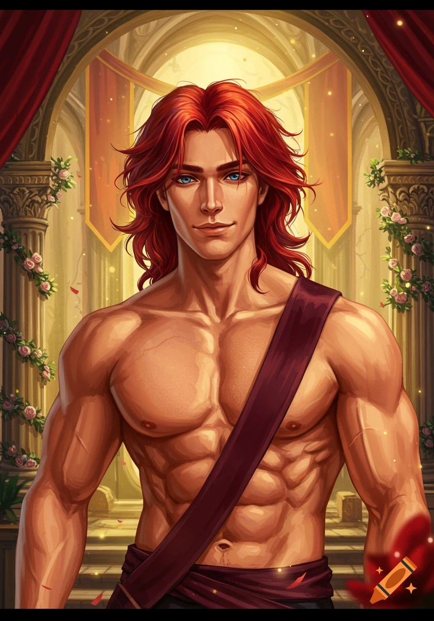 A muscular man with long, flowing red hair and blue eyes, wearing a red sash, stands in a grand, golden, ancient hall adorned with roses.