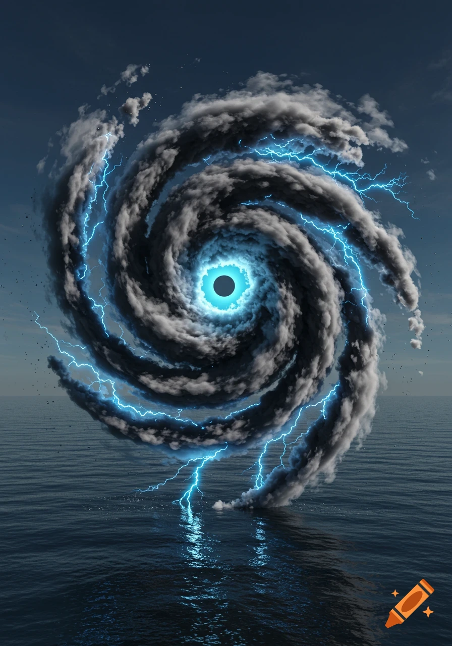 A dark, swirling hurricane with bright blue lightning bolts over a vast ocean, featuring a glowing blue eye at its center.