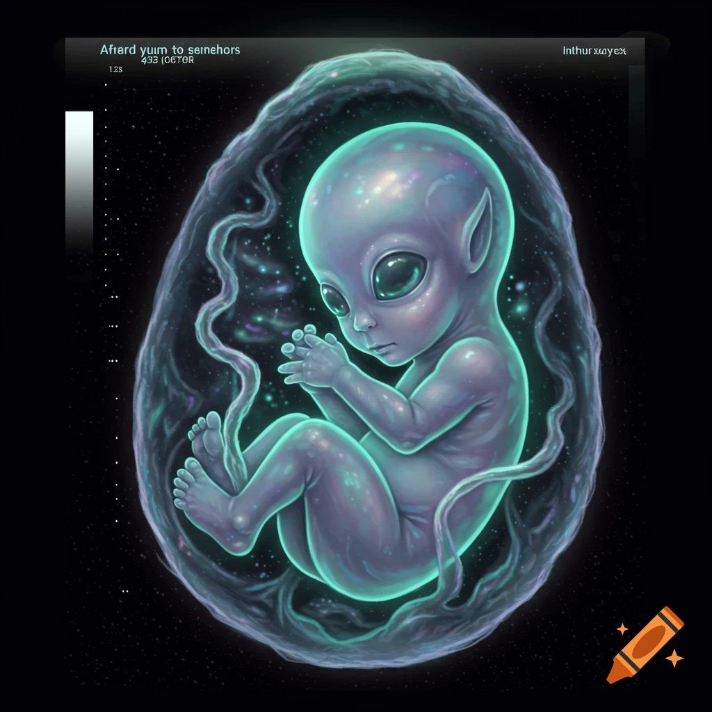 Illustration of a glowing baby alien fetus with large eyes and pointy ears, inside a translucent egg-like sac, resembling a sonogram.