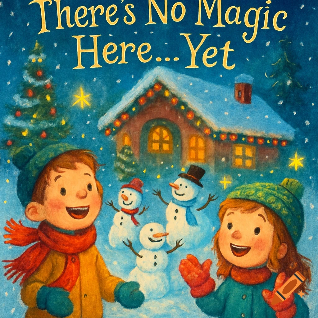 Whimsical illustration of two smiling children in winter clothes and dancing snowmen in a snowy Christmas scene, with 'There's No Magic Here... Yet' at the top.