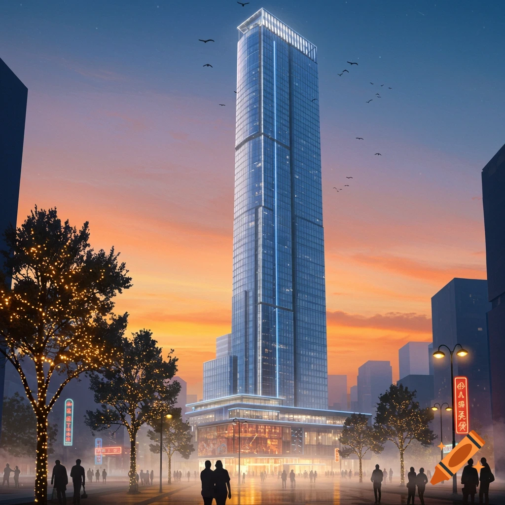 A photorealistic image of a tall, modern skyscraper with blue lights at sunset, with illuminated trees and people on a bustling city street.