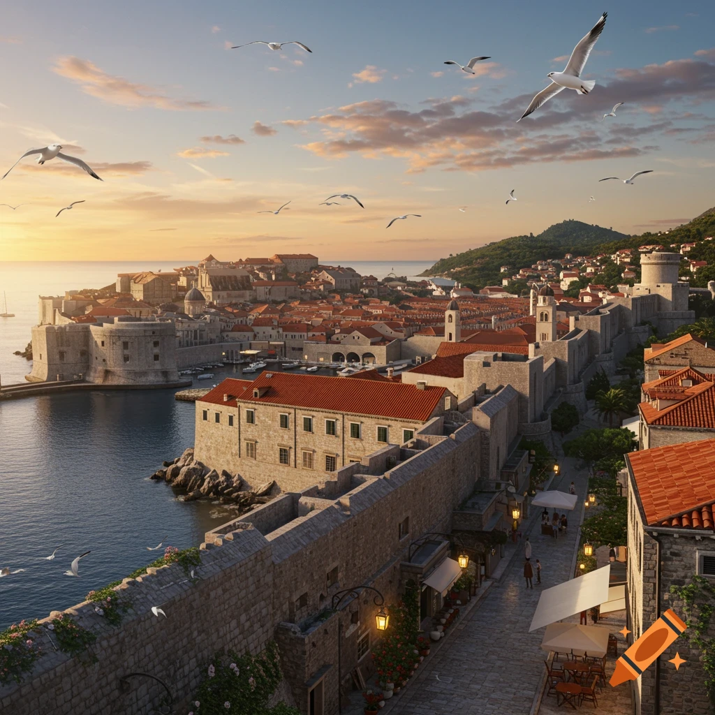 Photorealistic aerial view of historic Dubrovnik, Croatia, with ancient walls, red-roofed buildings, a harbor, and seagulls at sunset.