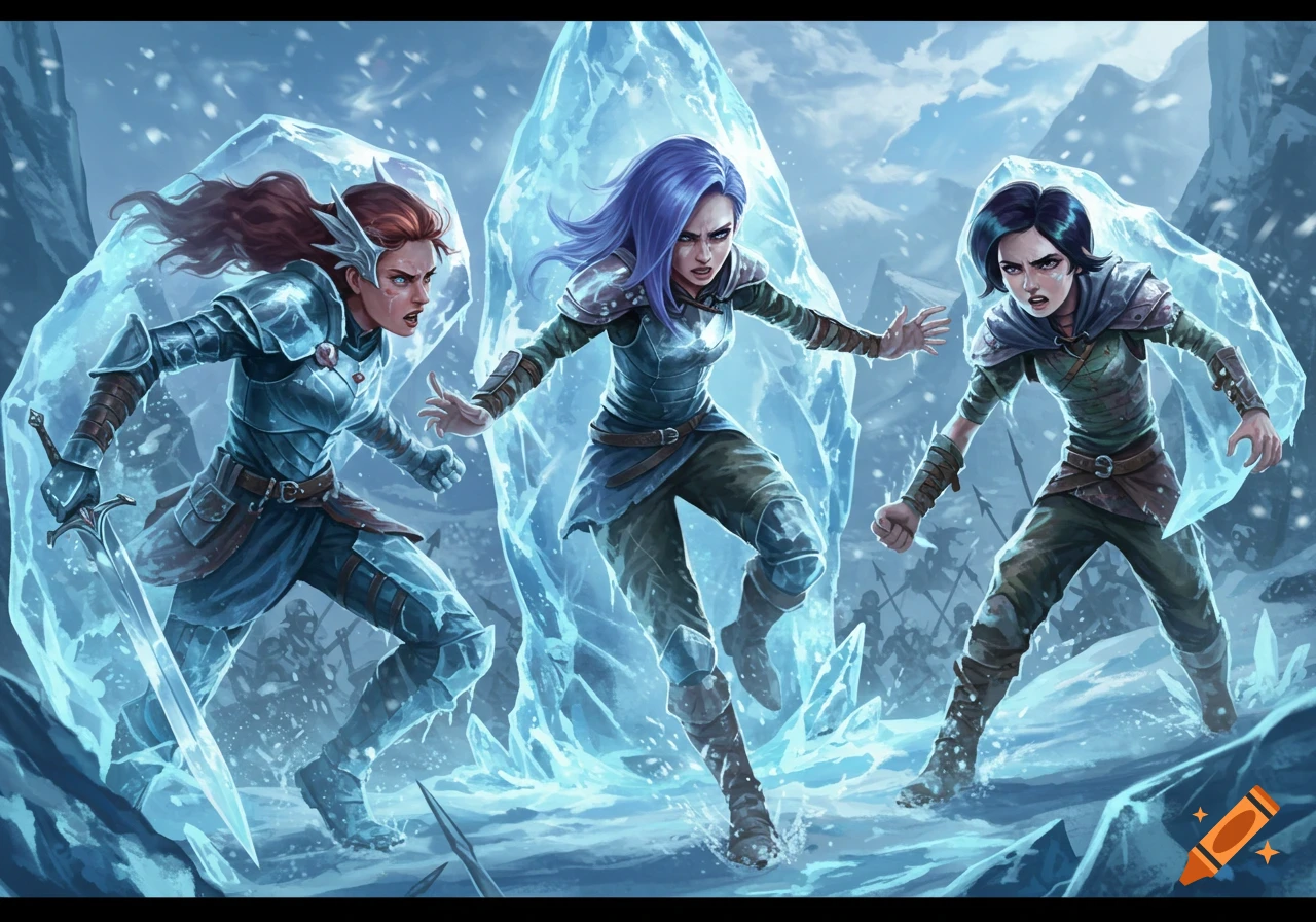 Three armored women with colorful hair, frozen in ice in a snowy, mountainous landscape, reacting angrily.