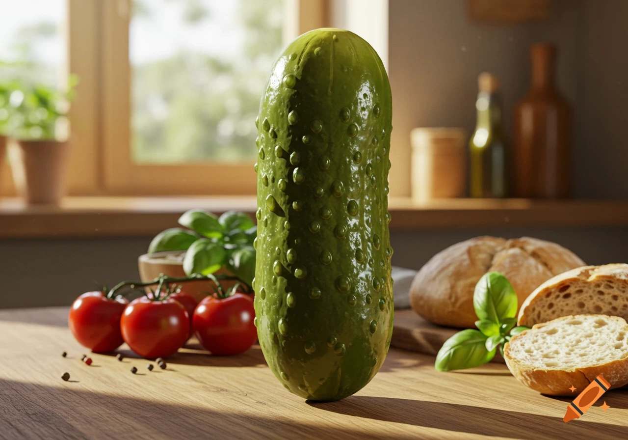 A large, textured cucumber stands upright on a wooden table with tomatoes, basil, and bread in a sunlit kitchen.