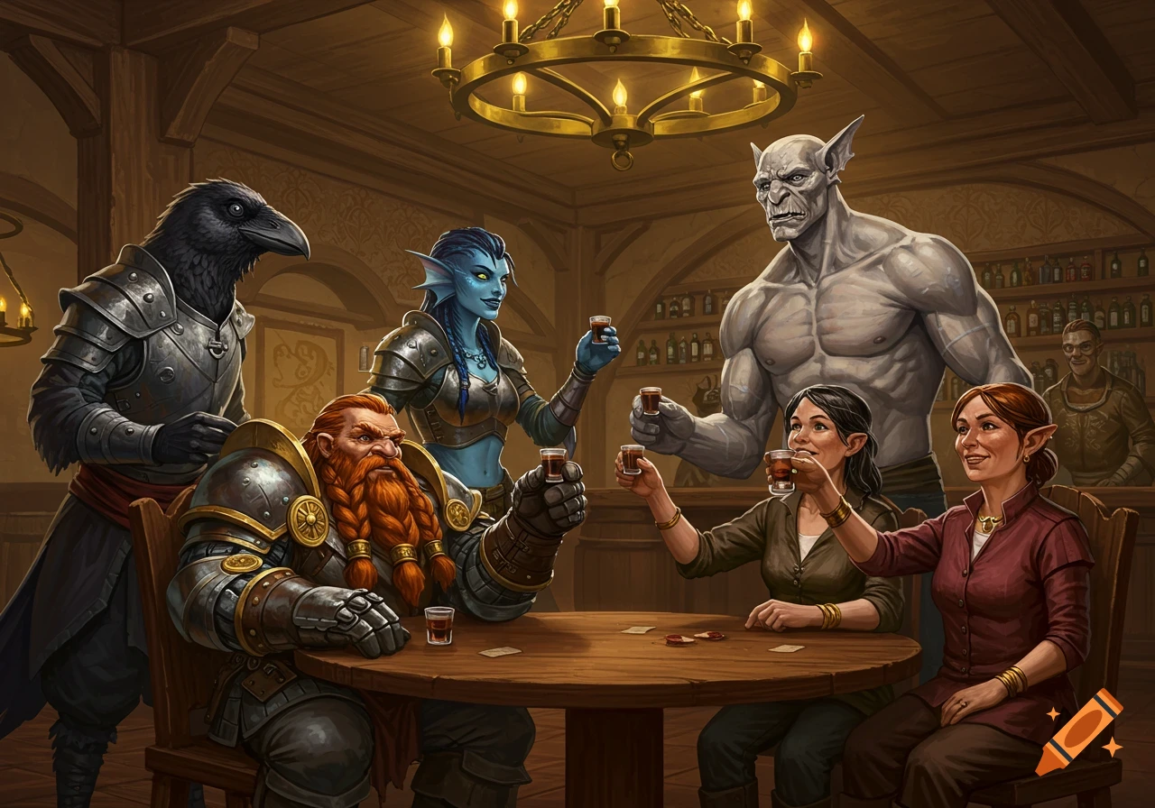 A diverse group of fantasy adventurers, including a dwarf, a bird-person, a blue-skinned woman, a gray goliath, and two women, raising shot glasses in a warmly lit tavern. Painterly style.