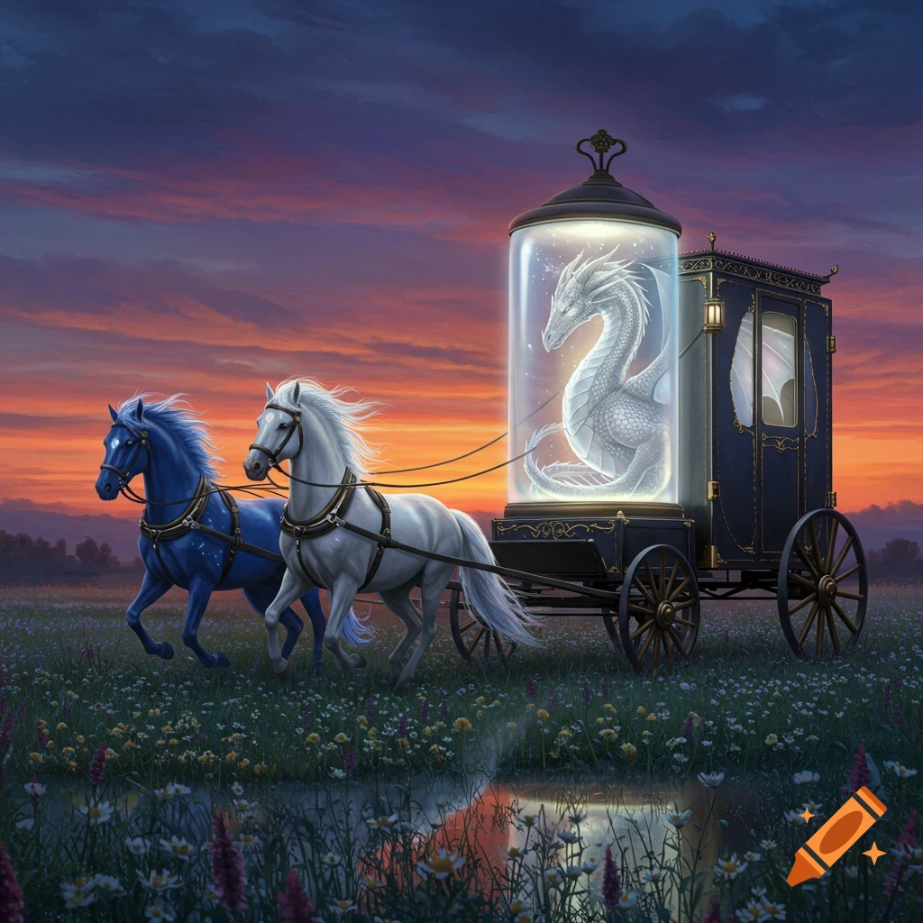 Two horses pull a fantasy carriage carrying a glowing white dragon in a glass container through a field at sunset.