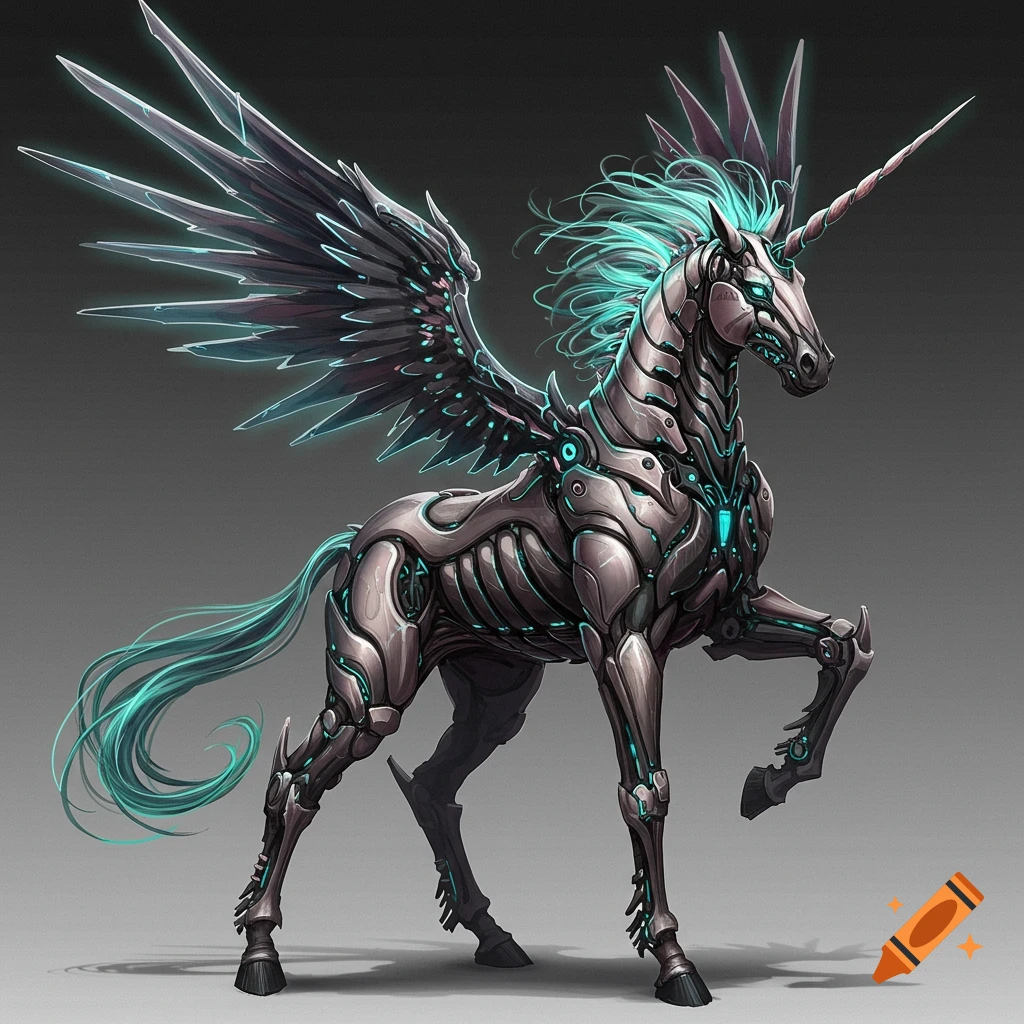 A detailed digital art rendering of a futuristic biomechanical unicorn with glowing blue accents and metallic bladed wings.