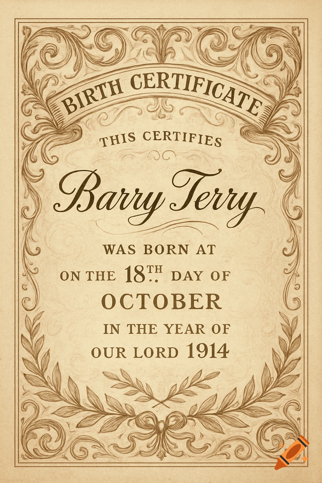 A vintage-style birth certificate for Barry Terry, with ornate borders, dated 1914.