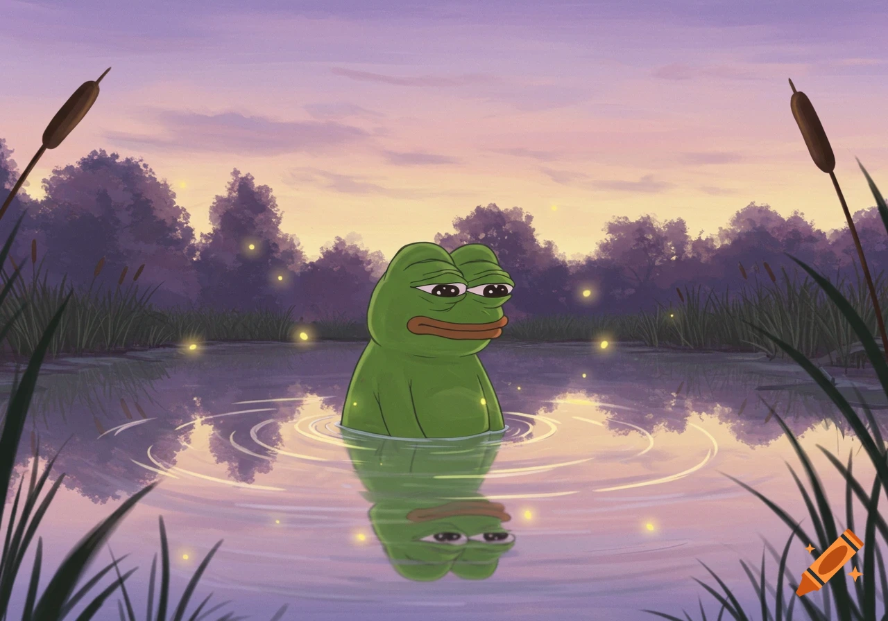 Cartoon Pepe the frog sits in a pond at sunset, surrounded by reeds and glowing fireflies.