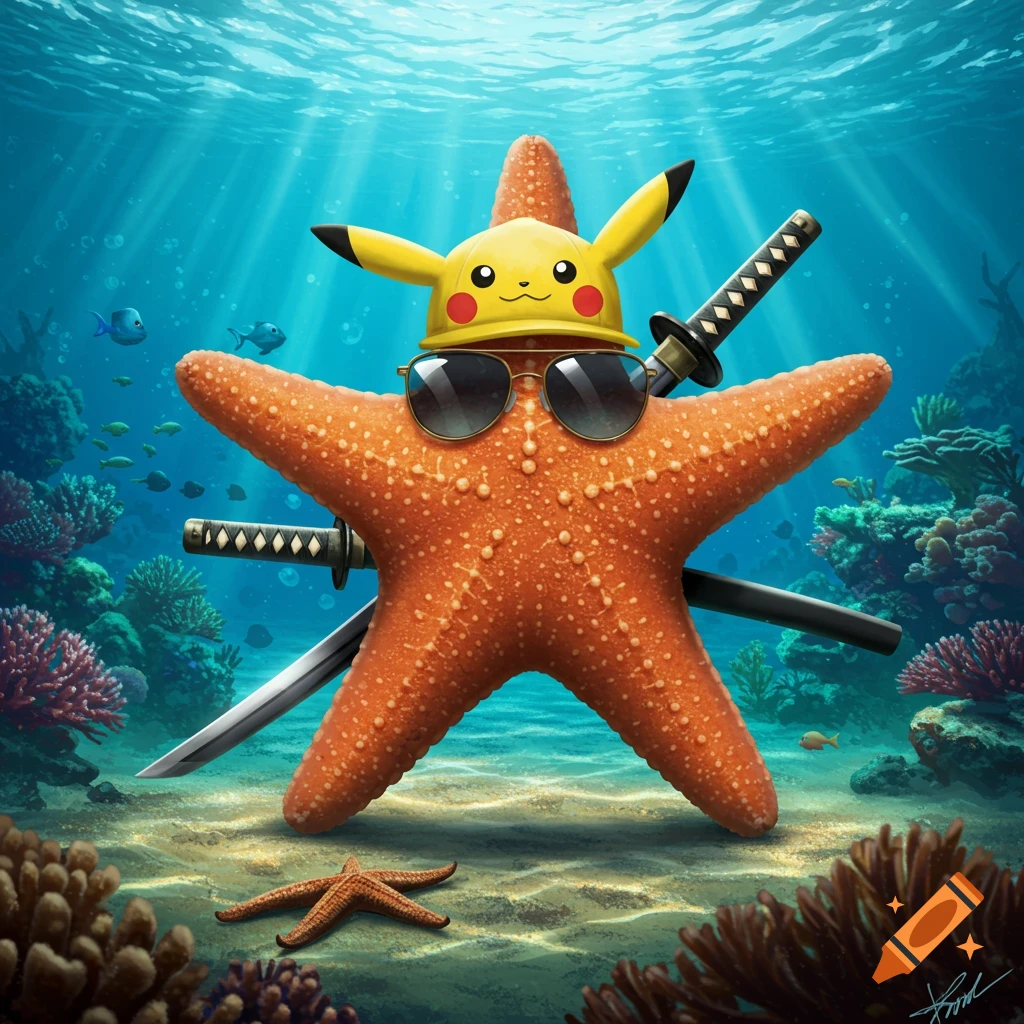 A vibrant illustration of an orange starfish wearing a Pikachu hat and sunglasses, carrying katanas, on a colorful coral reef underwater.