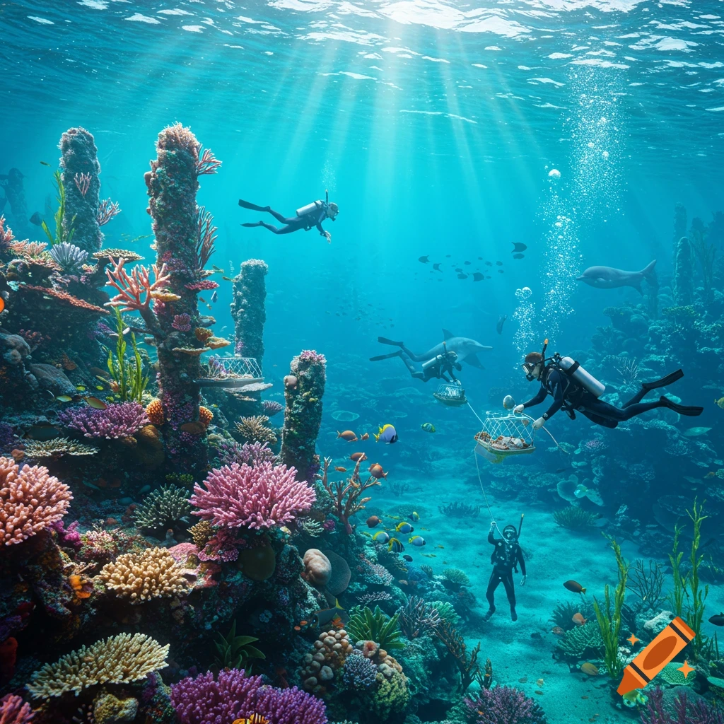 Scuba divers explore a vibrant, sunlit coral reef, surrounded by colorful fish and marine life in clear blue water.