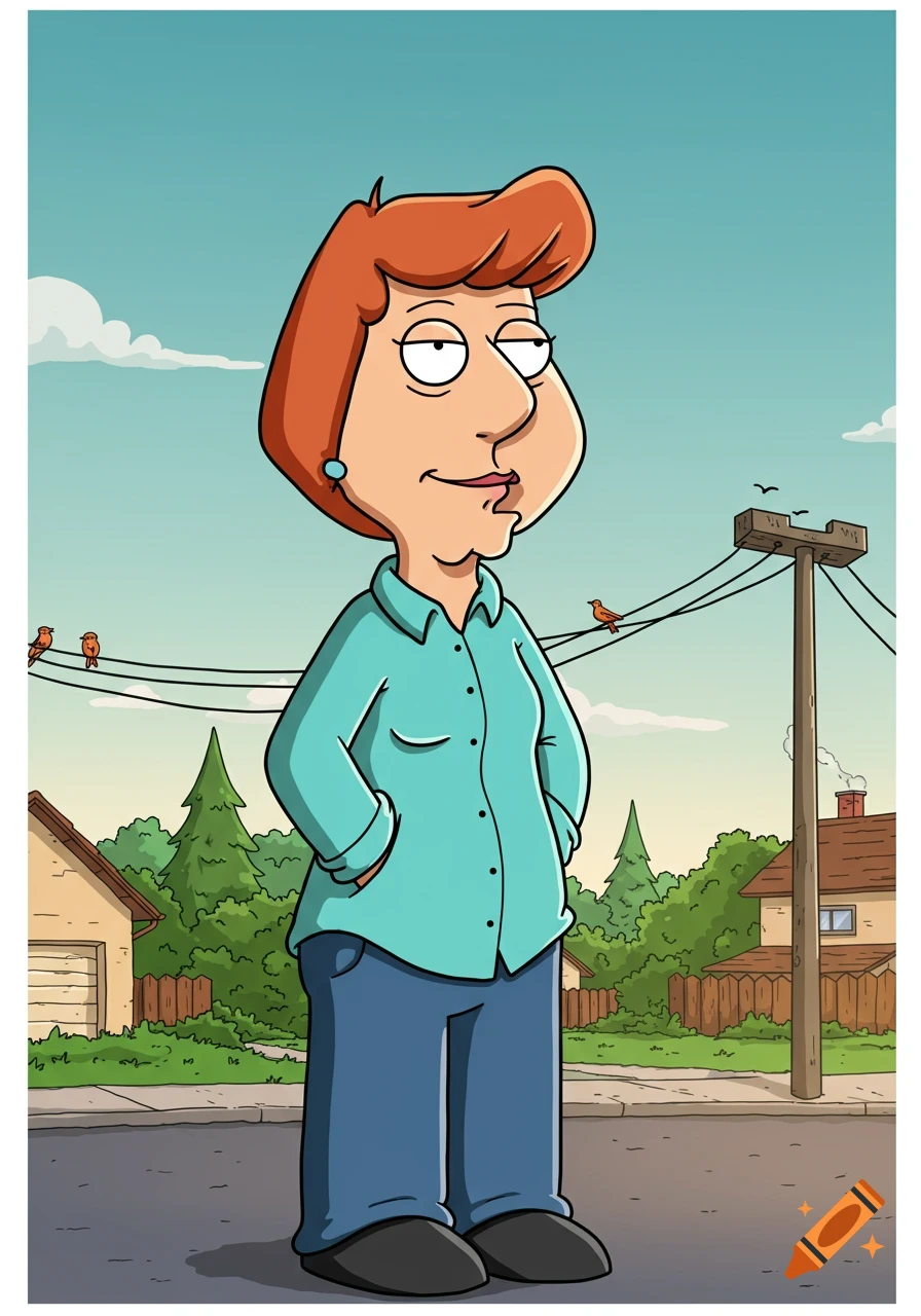 Cartoon of Lois Griffin from Family Guy standing on a suburban street with houses and a telephone pole.