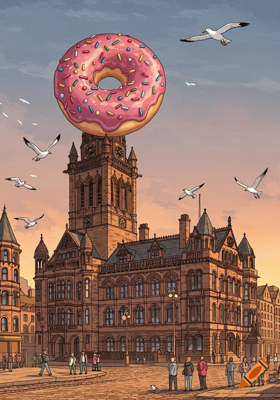 A cartoon drawing of a giant pink donut with sprinkles perched atop a grand historic clock tower in a city, with seagulls flying at sunset.