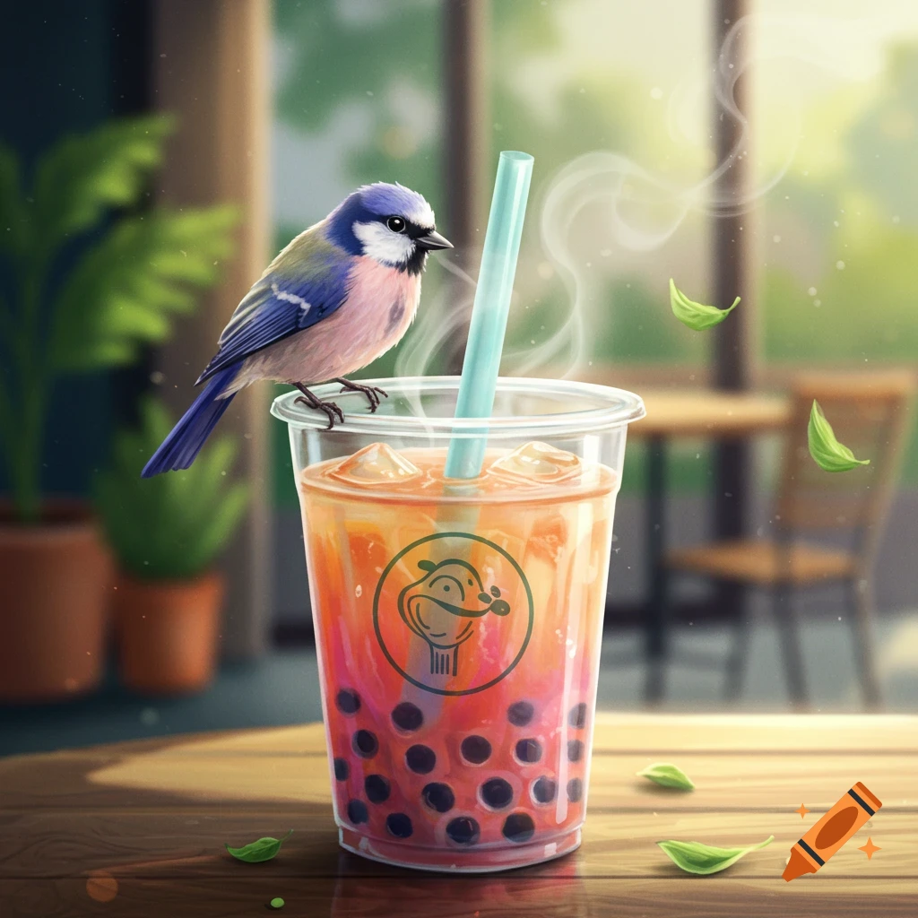 A colorful bird perches on a plastic bubble tea cup with ice, a straw, and a bird logo, on a wooden table in a cafe.