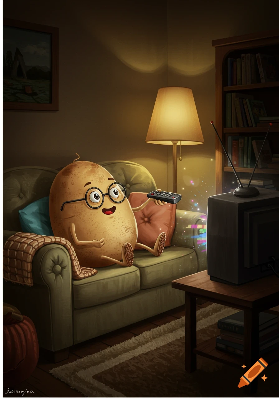 A cute cartoon potato with glasses sits on a couch, holding a remote and watching an old TV in a cozy living room.
