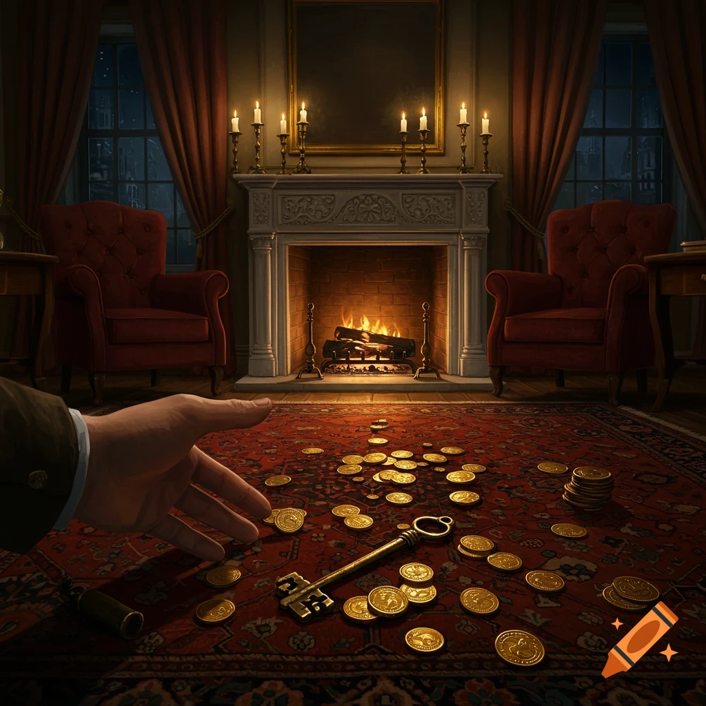 A hand reaches for a large key and gold coins scattered on a red rug in a luxurious, dimly lit living room with a fireplace.