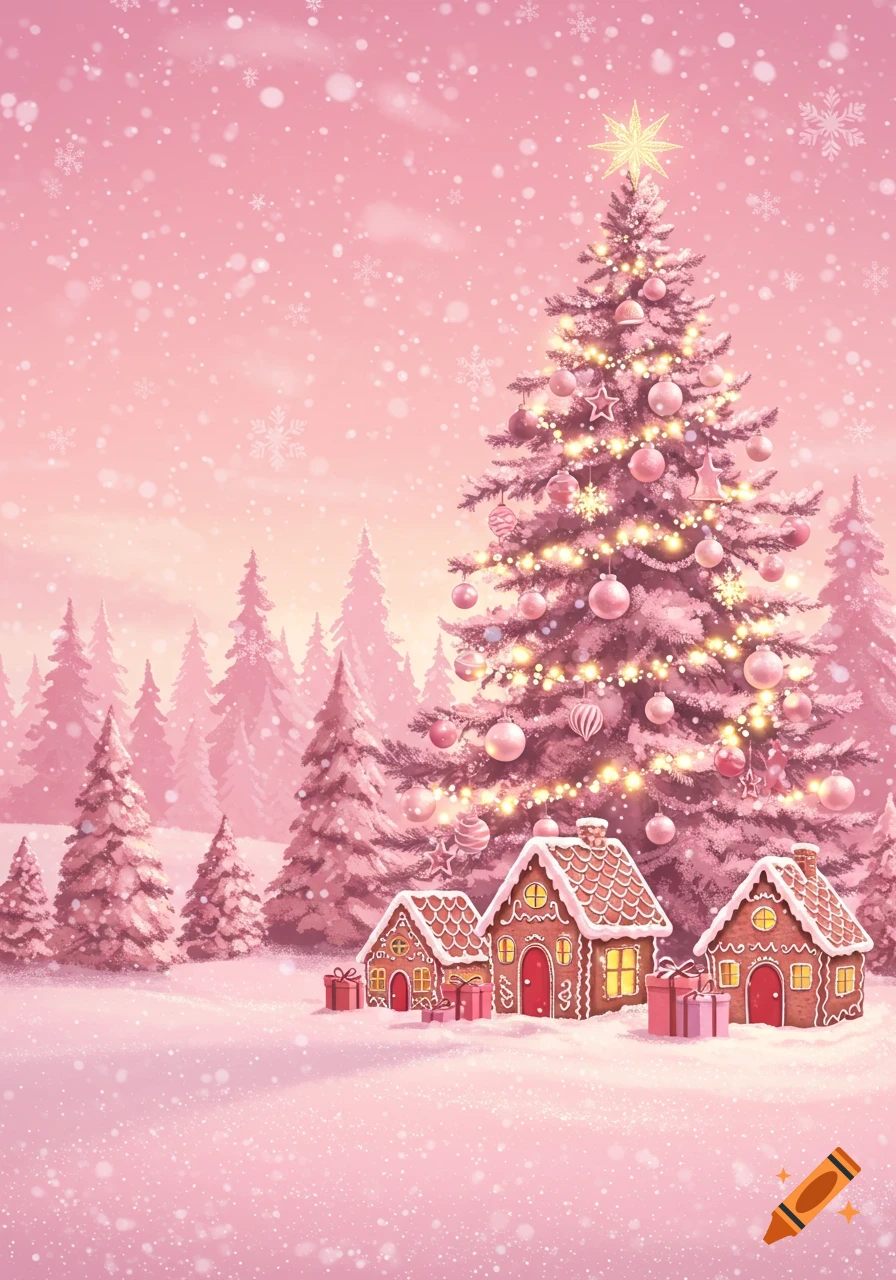 A snowy pink Christmas landscape with a large decorated Christmas tree, glowing gingerbread houses, and falling snowflakes.