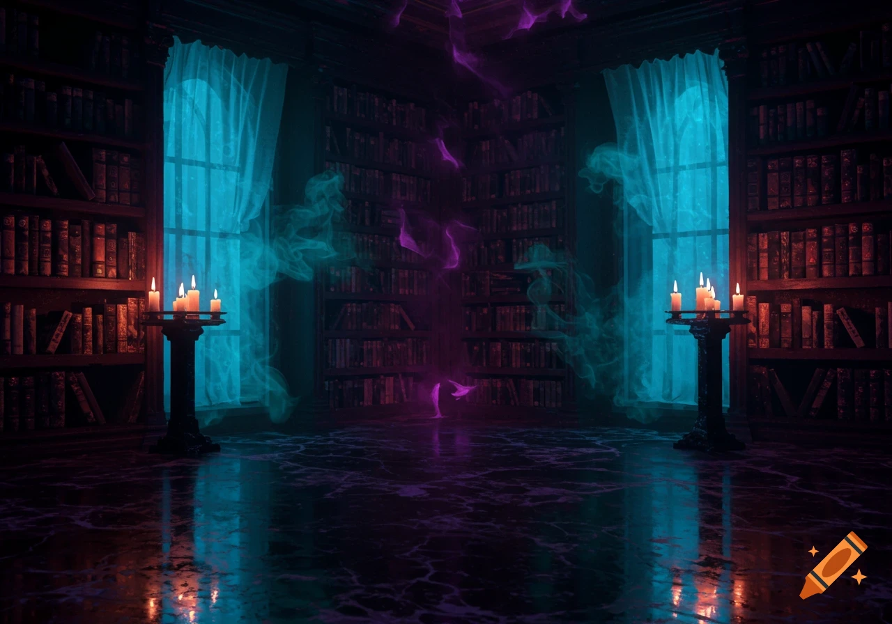 A dimly lit occult library with glowing blue windows, burning candles, and mystical blue and purple smoke.